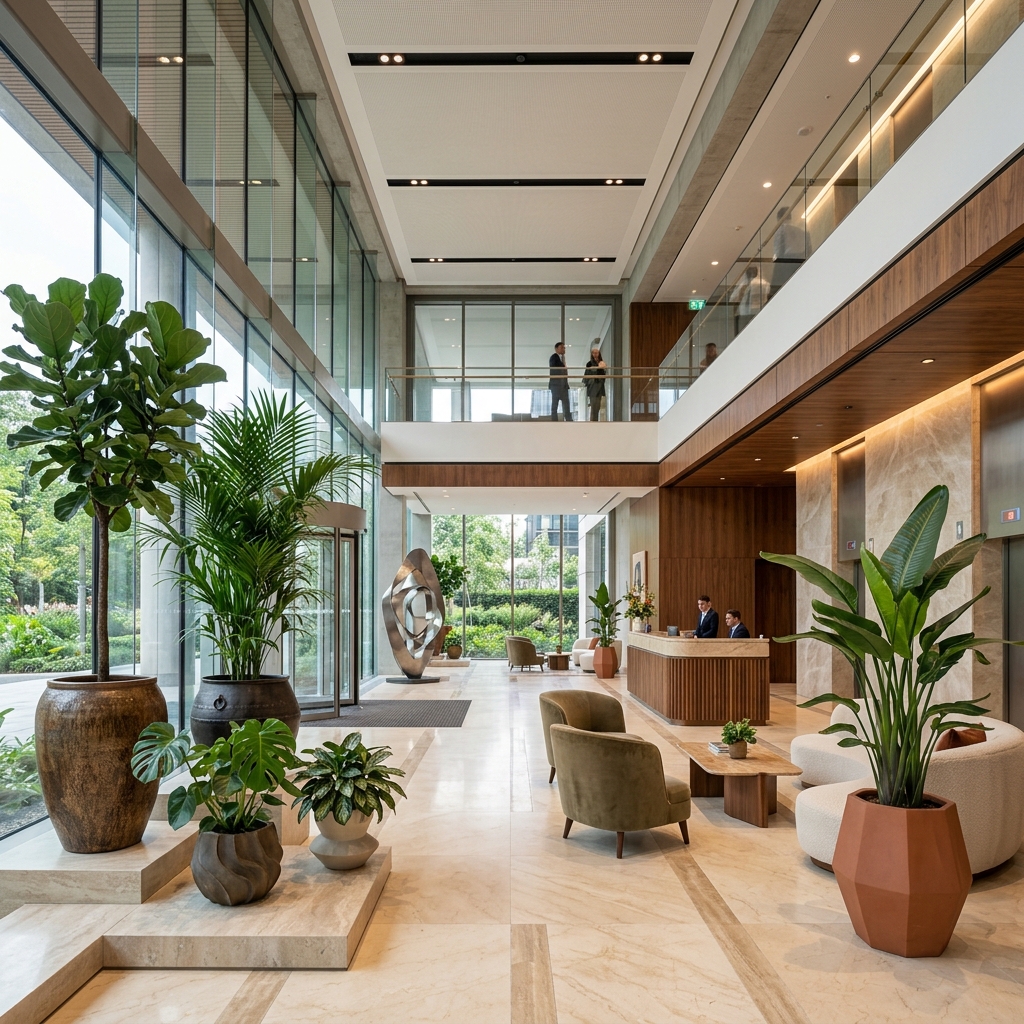 Lobby de luxo com plantas ornamentais modernas