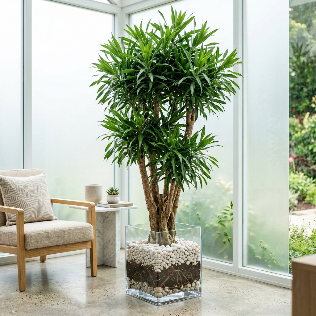 Dracena Arbórea em Vaso de Vidro com Pedras Brancas
